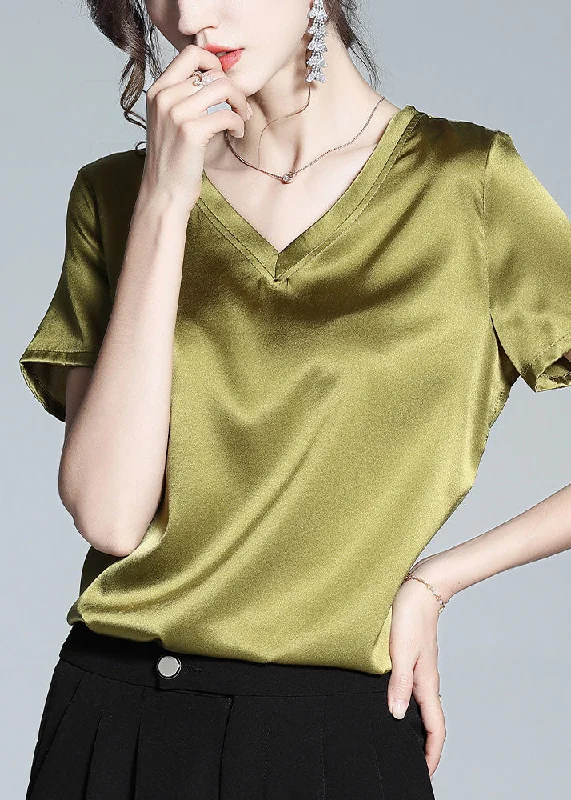 Savings Galore DIY Green V Neck Solid Silk Top Summer LY0999