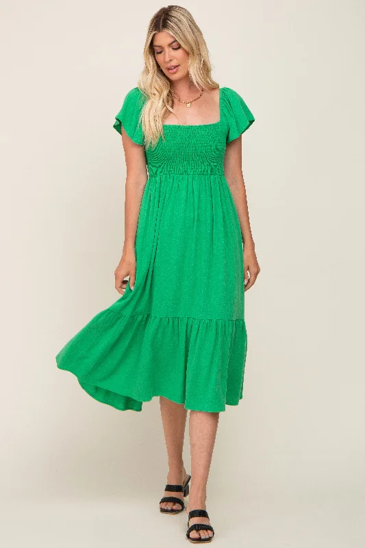 Fantastic Deals high-waisted dressGreen Smocked Ruffle Hem Midi Dress