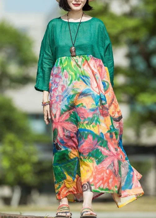 Take Advantage shift dressNatural green print linen clothes For Women o neck patchwork Kaftan summer Dress