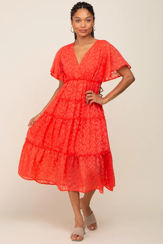Season Finale Sale pleated maxi dressCoral Chiffon Animal Print Tiered Midi Dress