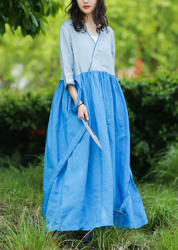 Limited Quantity pleated dressNatural v neck patchwork linen summer Long Shirts pattern blue Dresses