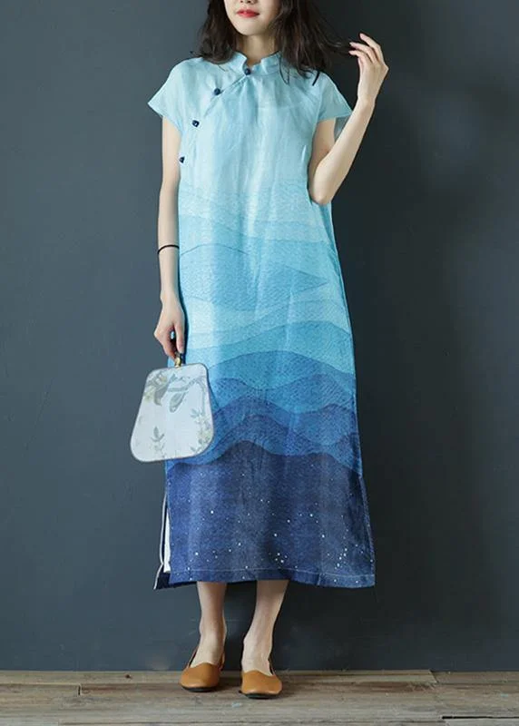 Take Advantage chic wrap dressElegant stand collar side open linen clothes Photography blue print Dresses
