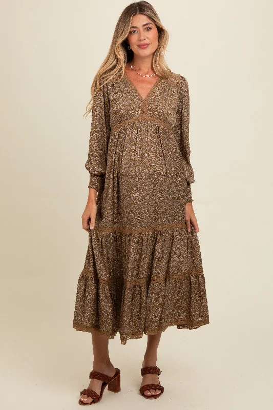 Super Sale bodycon dressMocha Floral Lace Trim Bubble Sleeve Maternity Maxi Dress