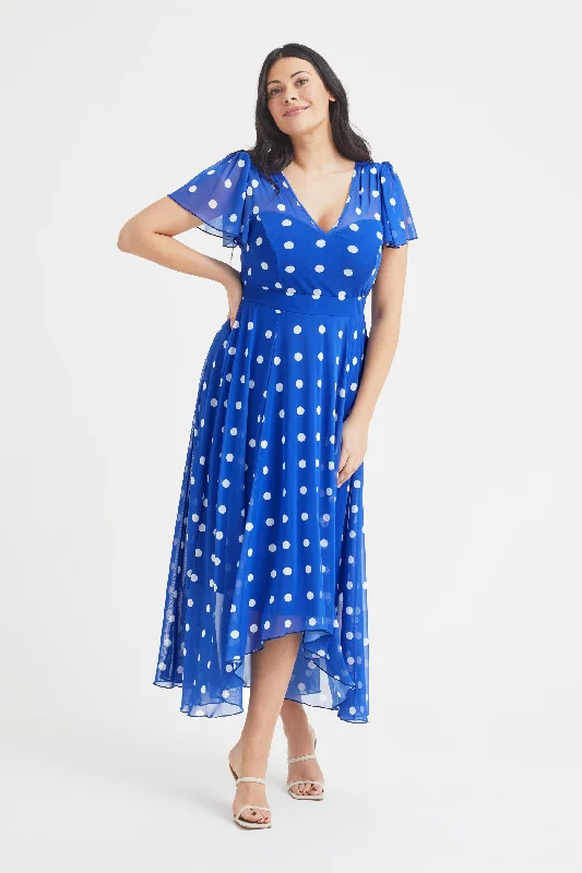 New Deals silk dressTilly Blue Spot Print Angel Sleeve Sweetheart Dress