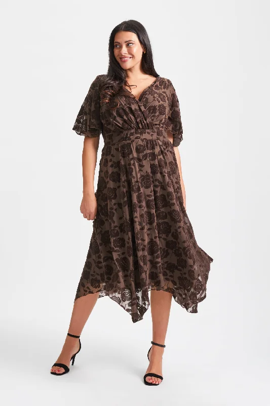 Super Bargain summer dressJulie Chocolate Velvet Flock Hanky Hem Dress