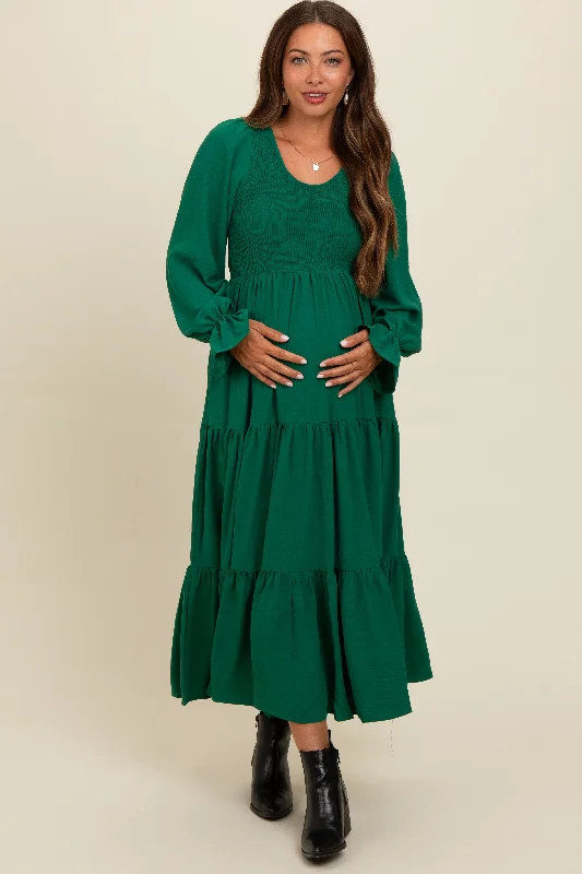 Unmissable Offer sleek dressGreen Smocked Tiered Long Sleeve Maternity Maxi Dress