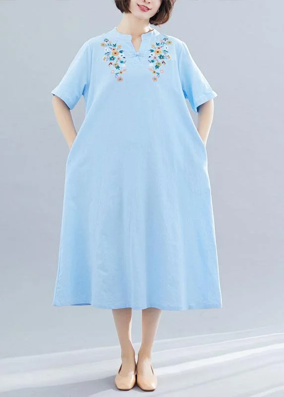 Markdowns modern dressNatural light blue linen cotton clothes embroidery Plus Size Clothing summer Dresses