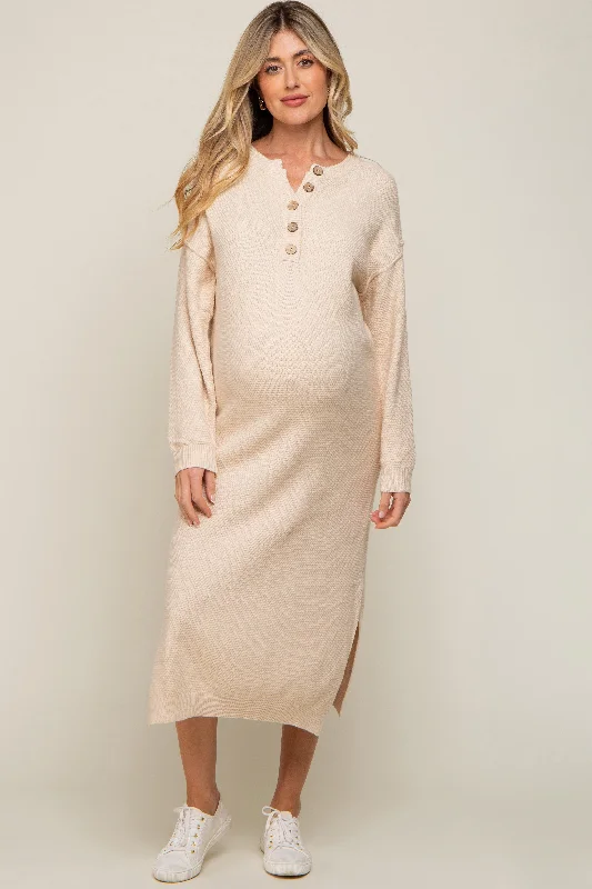 Extra Savings one-shoulder dressCream Waffle Knit Button Long Sleeve Maternity Midi Dress