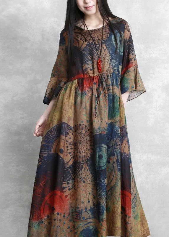 Special Offer mini dressNatural o neck Butterfly Sleeve clothes For Women Sewing chocolate print Dresses