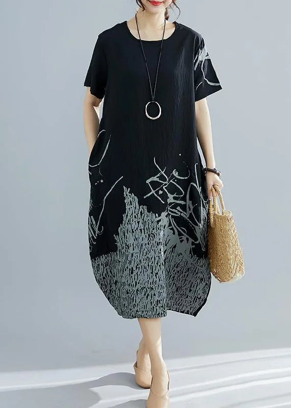 Final Clearance party dressNatural black print cotton clothes For Women plus size Shape o neck Dresses Summer Dress