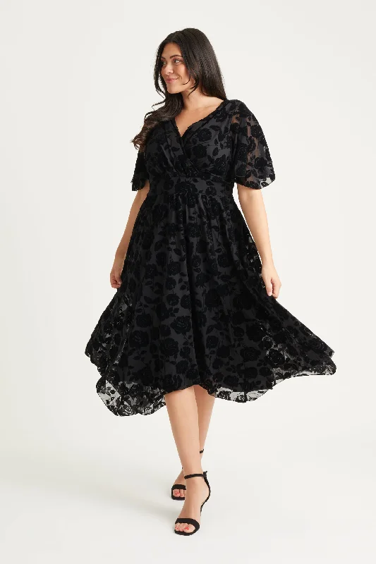 Mega Sale sleek midi dressJulie Black Velvet Flock Hanky Hem Dress