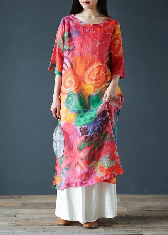 Exclusive Preview floral dressItalian orange print linen clothes For Women o neck half sleeve Kaftan summer Dresses