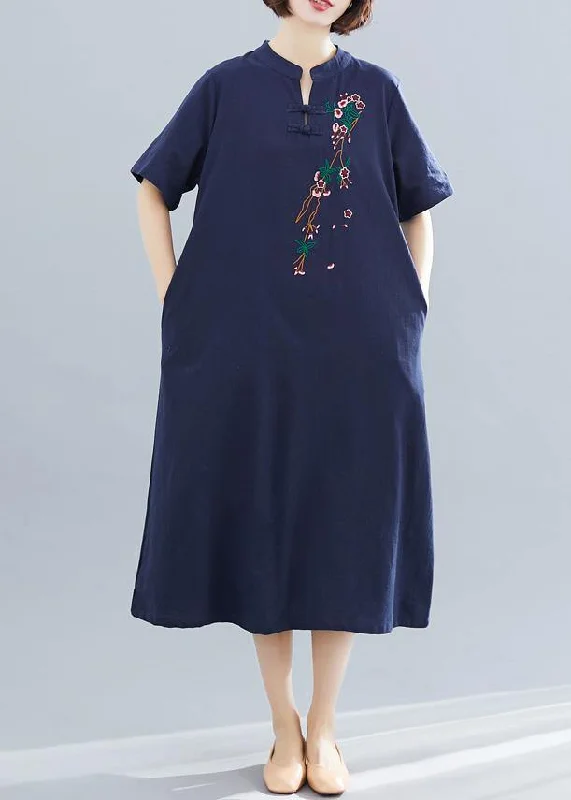 Markdowns wrap dressLoose navy cotton quilting dresses embroidery A Line summer Dresses