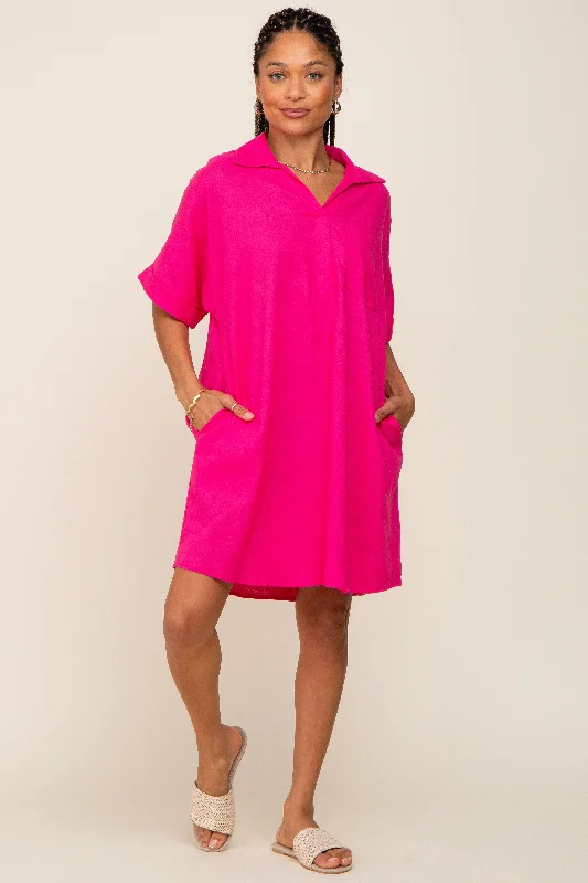 Limited Time Discount high-waisted dressFuchsia Linen Collared Front Pocket Short Sleeve Dress