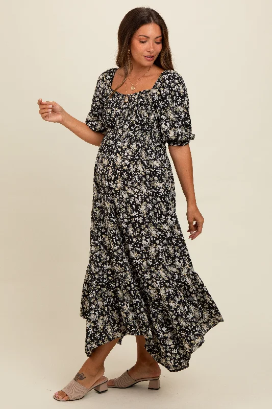 Savings Galore sleeveless dressBlack Smocked Handkerchief Hem Maternity Dress