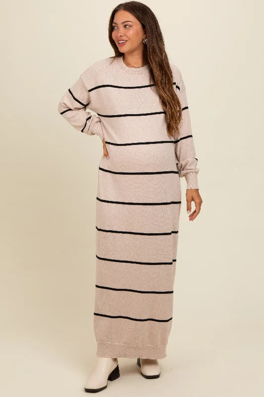 Buy Now lace dressBeige Striped Knit Drop Shoulder Maternity Midi Dress