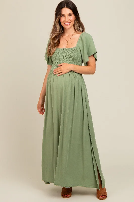 Savings Event form-fitting dressLight Olive Chambray Smocked Maternity Maxi Dress