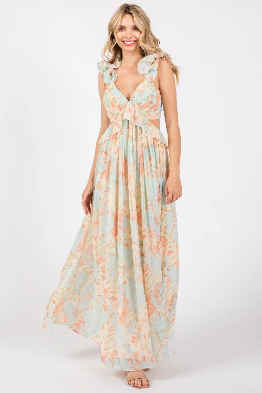 Deal Frenzy trendy mini dressMint Green Floral Ruffle Accent Cutout Gown