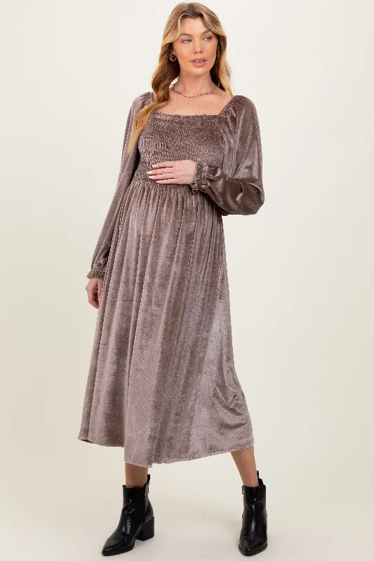 Amazing Deals casual slip dressTaupe Velvet Smocked Long Sleeve Maternity Maxi Dress