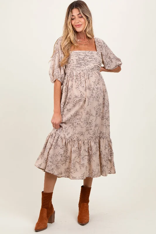 Don’t Miss Out silk dressBeige Floral Pleated Bodice Maternity Midi Dress