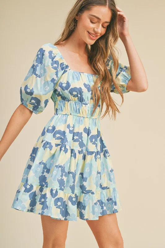 Bargain Prices wrap dressBlue Floral Print Tiered Mini Dress