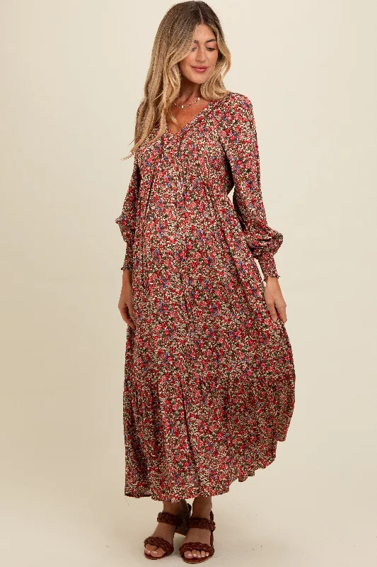 Online Exclusive sleek midi dressMocha Floral V-Neck Bubble Sleeve Maternity Maxi Dress