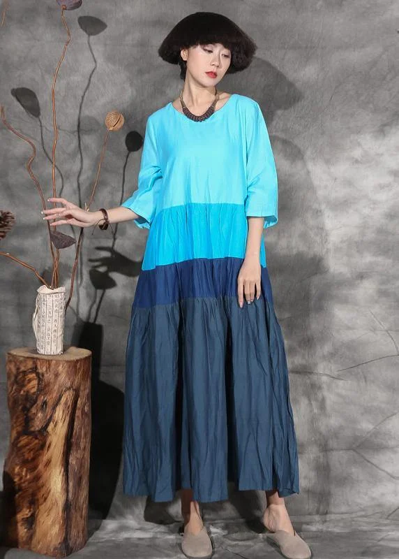 Today’s Deal lace-up dressNatural blue patchwork cotton linen clothes big hem Plus Size Clothing summer Dresses