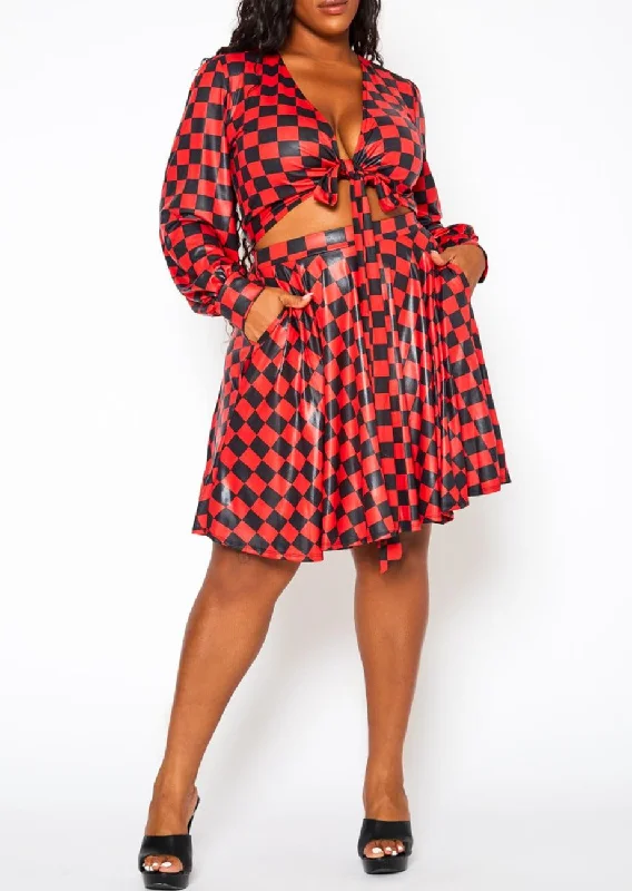 Deal Dash Hi Curvy Plus Size Checkered Print Wrap Top & Pleated Skirt Set