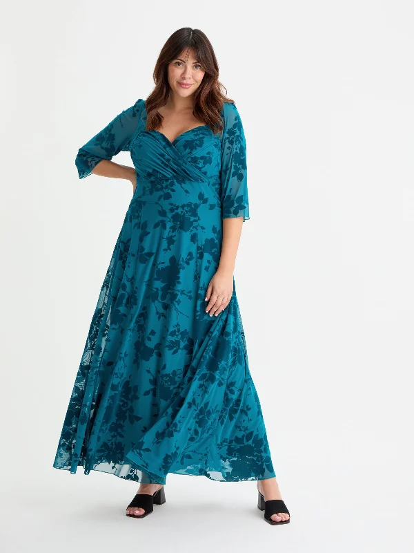 Special Savings romantic dressElizabeth Teal Flocked Mesh Maxi Gown