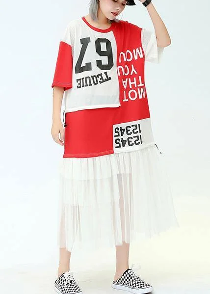 Take Advantage bodycon dressFrench red print cotton clothes o neck patchwork tulle Robe summer Dress