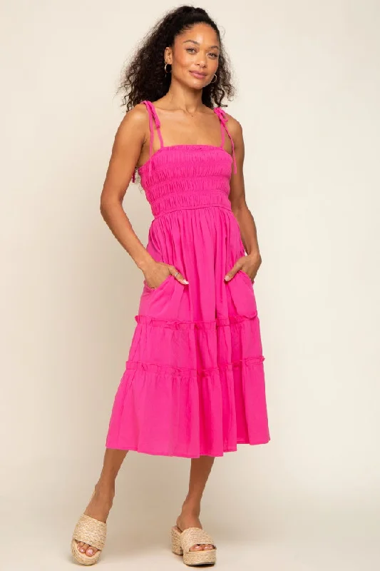 Holiday Sale ruched dressFuchsia Sleeveless Tiered Midi Dress