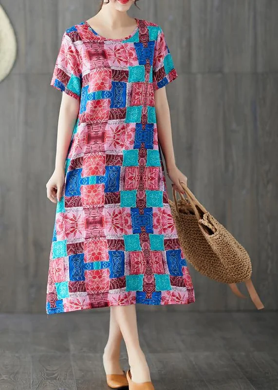 Buy Now backless dressModern blue prints cotton linen clothes For Women short sleeve wild long summer Dresses