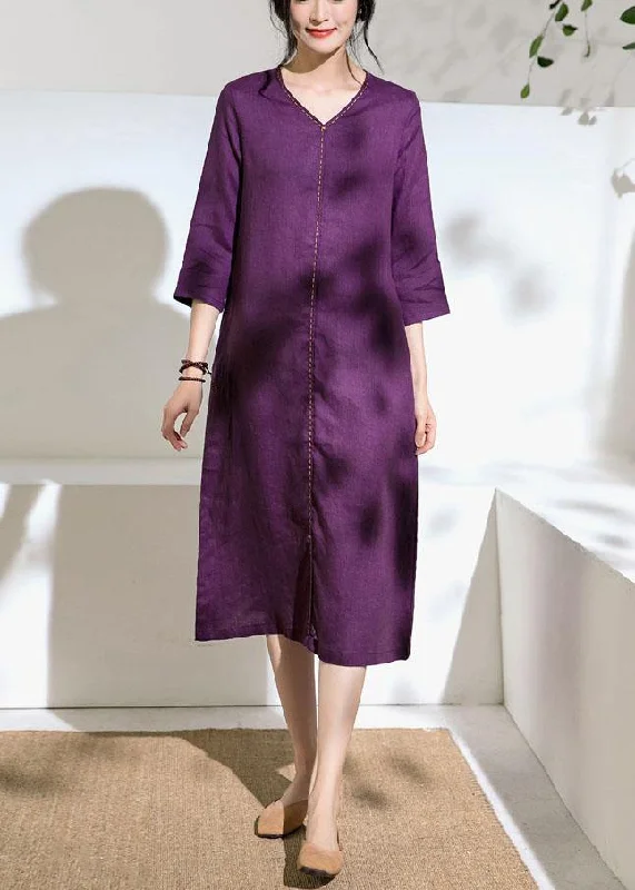 Weekend Deal fitted dressBeautiful purple linen Robes v neck tie waist Dress