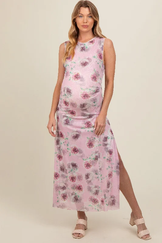 Seasonal Sale sophisticated dressLavender Rose Print Ruched Mesh Maternity Dress