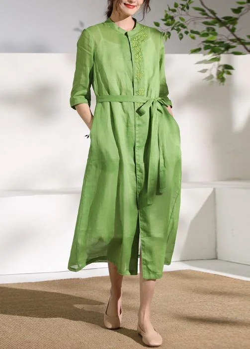 Price Drop elegant evening dressFrench green embroidery linen Robes stand collar Dress