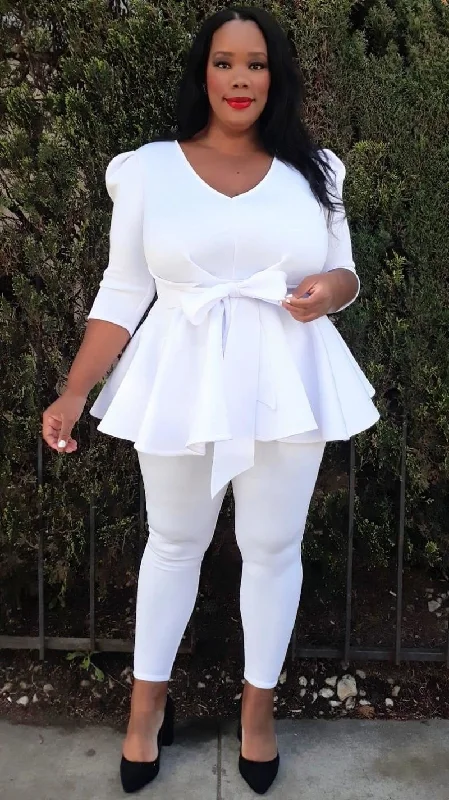 Overstock Sale Plus Size 3/4 Sleeves Ruffled Hem Top and Pants Sets With Belt