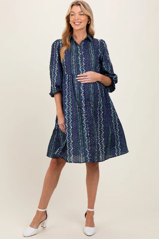 Major Savings off-the-shoulder dressNavy Floral Striped Button Down Maternity Midi Dress