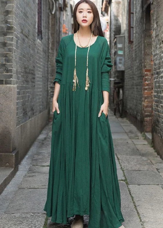 Reduced Prices spaghetti strap dressHandmade green cotton dresses long sleeve Maxi summer Dresses