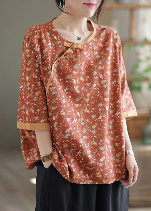 Mega Sale French Orange O Neck Print Patchwork Linen Top Summer LY0593
