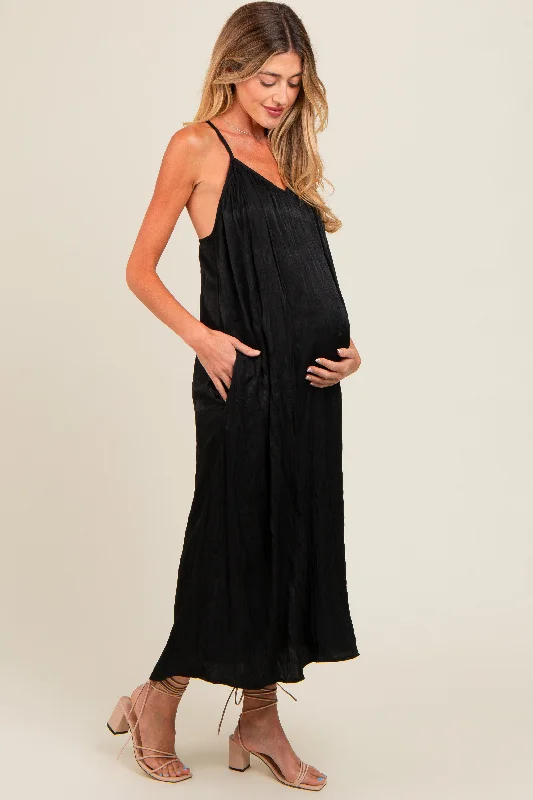 Exclusive Access puff sleeve dressBlack Crinkle V-Neck Cross Back Maternity Midi Dress