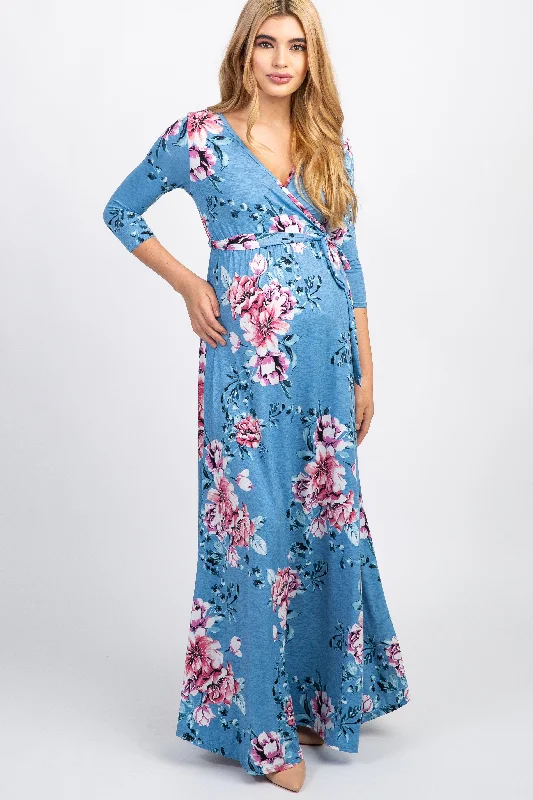 Factory Direct Sale summer dressPinkBlush Blue Floral Sash Tie Maternity/Nursing Wrap Maxi Dress