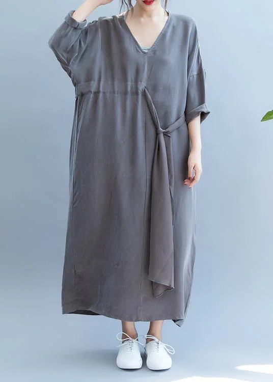 Value Deals office dressChic gray clothes For Women v neck drawstring long summer Dress