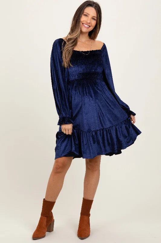 Inventory Reduction elegant maxi dressNavy Velvet Smocked Long Sleeve Maternity Dress