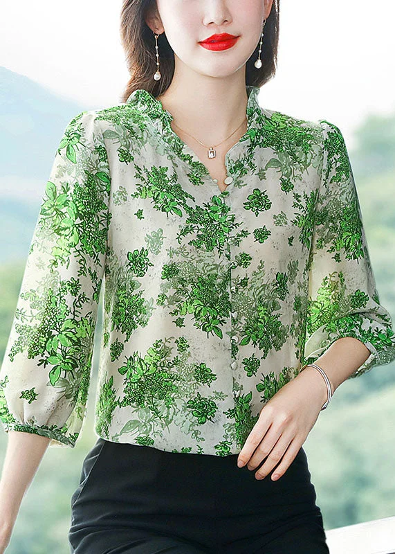 Crazy Deals Art Green Ruffled Patchwork Print Chiffon Shirt Top Summer LY0473