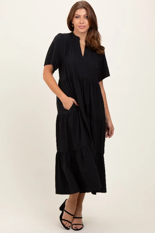 One-DAY Sale office dressBlack V-Neck Tiered Midi Dress