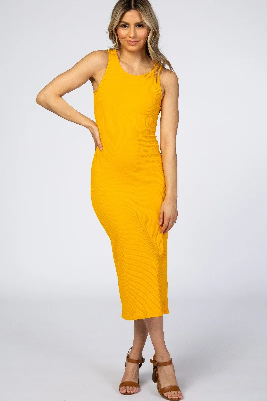 Online Exclusive casual dressYellow Ribbed Midi Dress