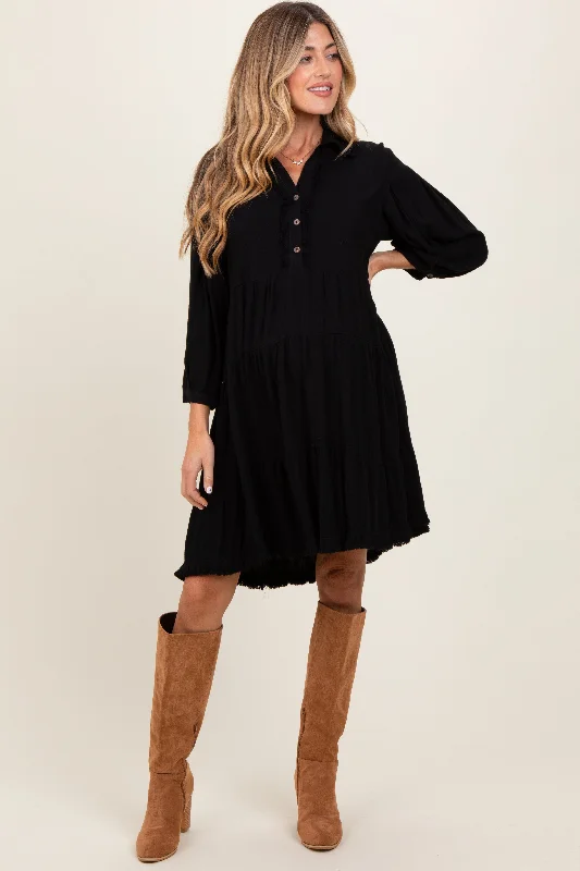Referral Discount classic fit-and-flare dressBlack Linen Button Up Tiered Maternity Dress