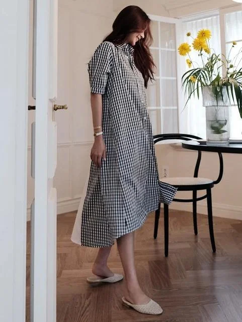 Incredible Offers mini dressFrench black white plaid Cotton clothes lapel low high design cotton Dress