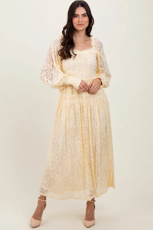 Bargain Prices printed dressCream Lace Smocked Bubble Sleeve Maxi Dress