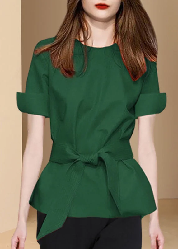 Final Markdown French Blackish Green Cinched Slim Fit Cotton Shirt Top Summer LY0306